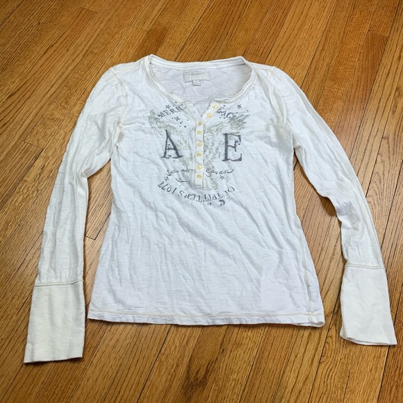 American Eagle Long Sleeve White Tee Sparkle Print - Picture 2 of 5
